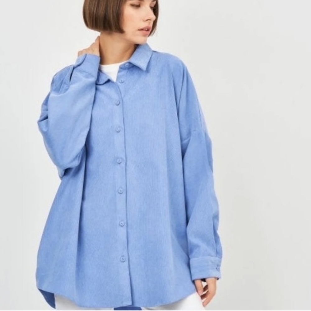 Zara Oversized Corduroy Light Blue Casual Button Up Shirt Size Medium - Picture 3 of 13